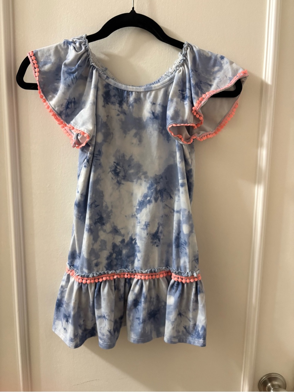Girls Blue Tie-Dye Flutter Sleeve Dress with Pink Trim